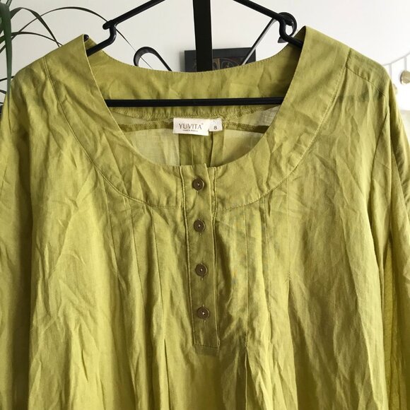 YUVITA size 8 Avocado Green Cotton Voile 3/4 Sleeve Tunic Blouse Top - Picture 2 of 4